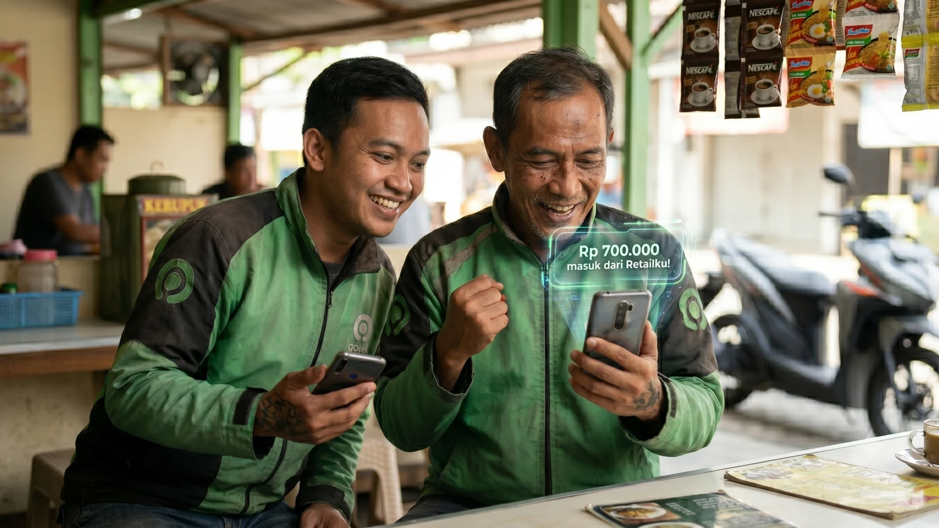 Mitra driver ojol tersenyum memegang handphone menerima komisi pendaftaran.