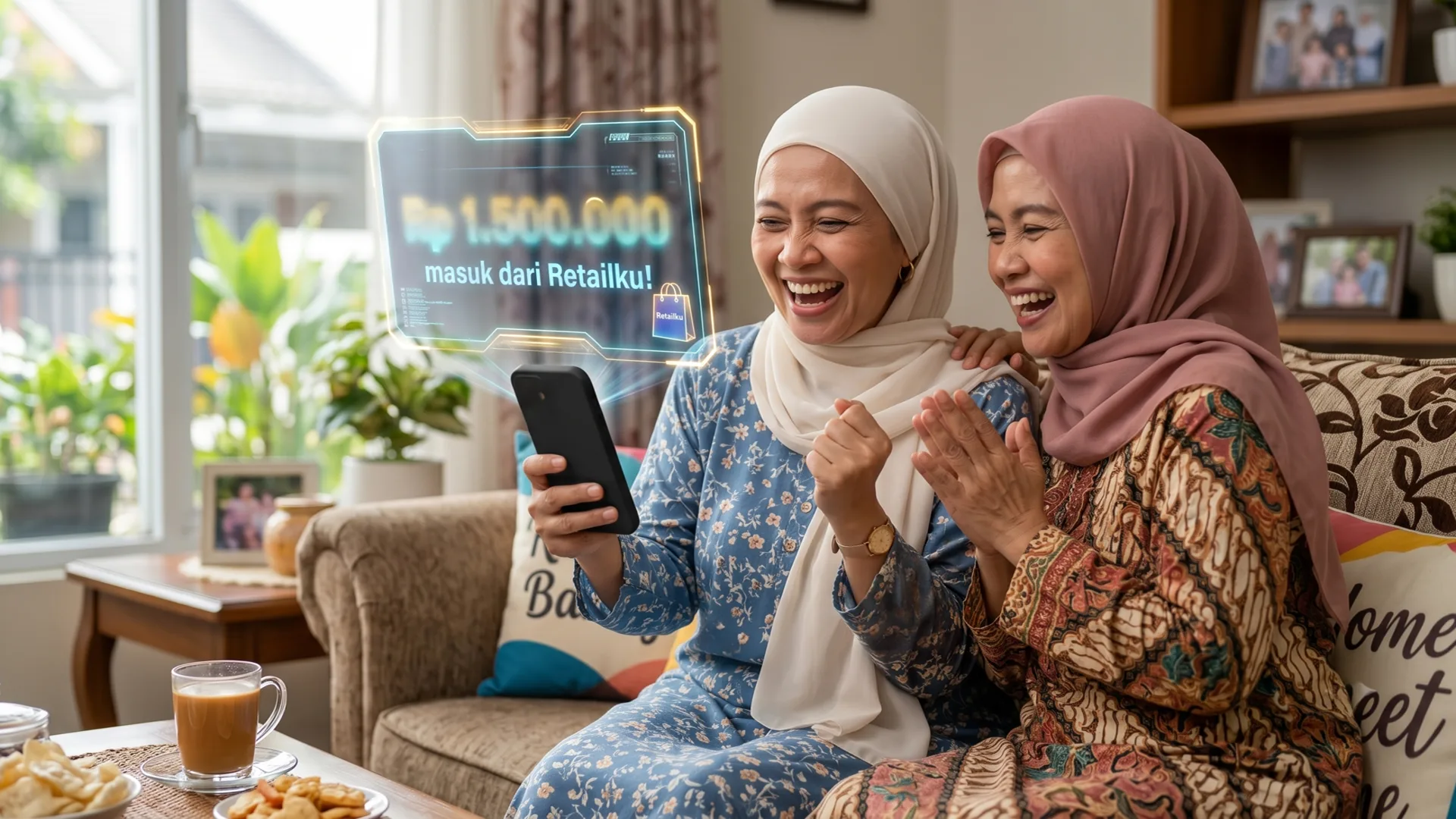 Perempuan hebat mandiri meraih penghasilan tambahan melalui ponsel dari rumah.